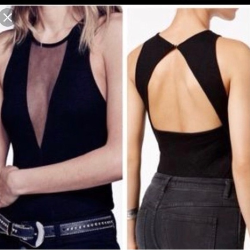 Free People Mesh Ribbed Deep V Cutout Tank in Black